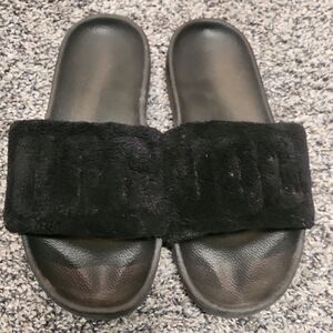 UGG Black Slippers with Fuzzy Strap and Flat Sole